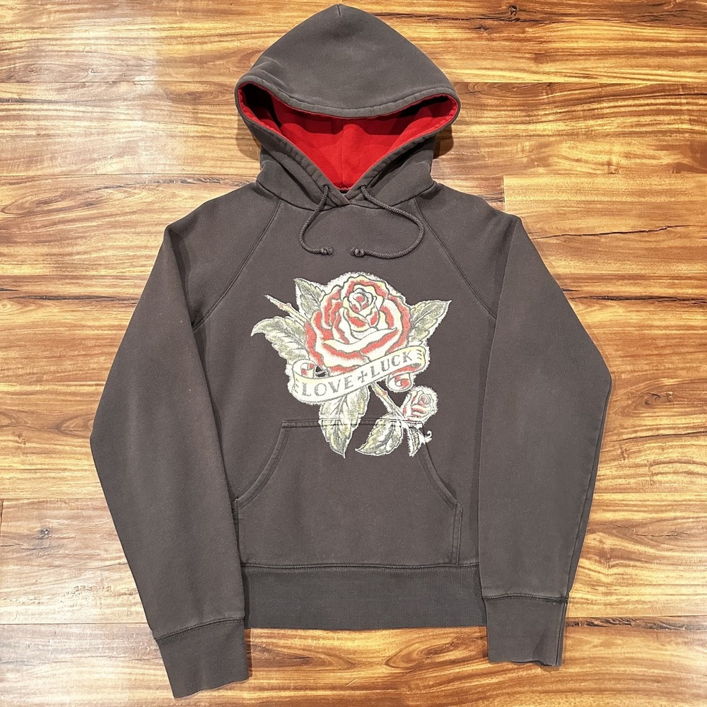 Lucky Brand Hoodie Mens Large Black Pullover Sweatshirt Love Luck Rose Graphic